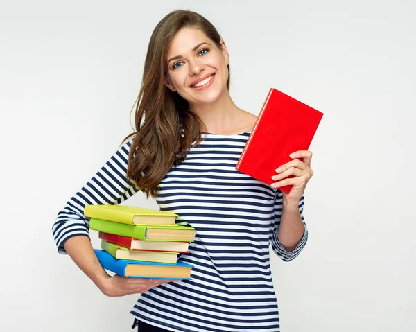 Lachende Vrouw Met Stapel Boek Heipaal Onderwijs Concept — Stockfoto