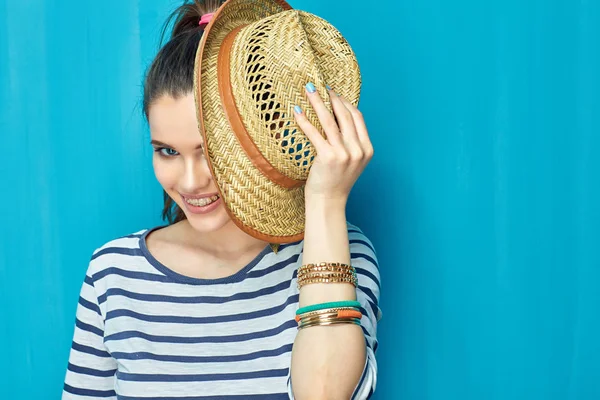 Portrait Smiling Woman Hat Blue Wall Background — Stock Photo, Image