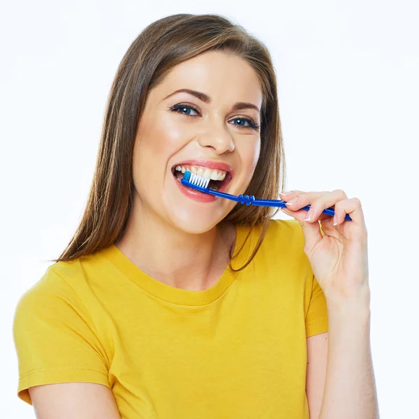 Portrait Femme Tenant Une Brosse Dents Dans Bouche Concept Santé — Photo