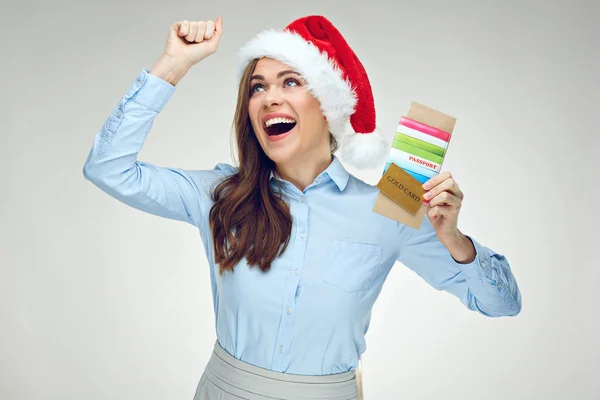 Happy Businesswoman Wearing Santa Hat Holding Tickets Credit Card Passport — Stock Photo, Image