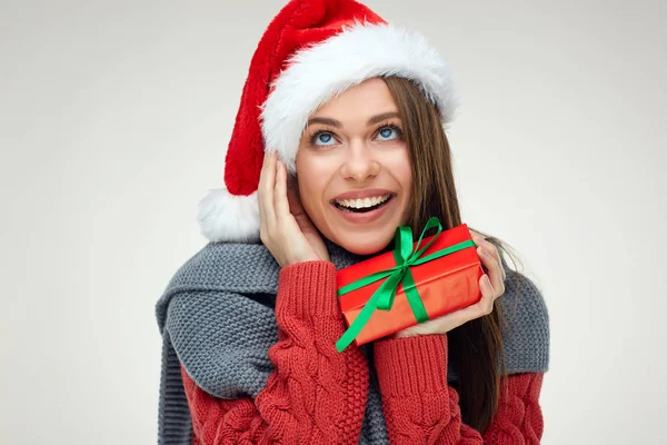 Happy Woman Wearing Santa Hat Holding Gift Box Looking — Stock Photo, Image