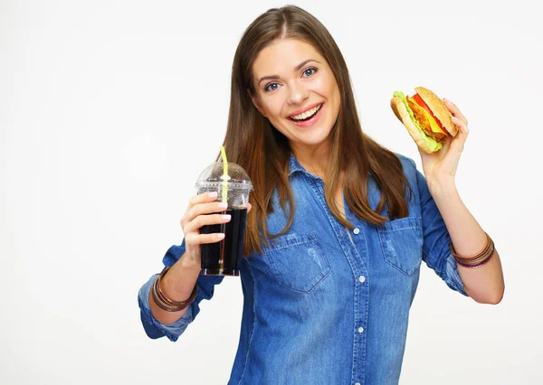 Happy Woman Jeans Skirt Holding Cola Burger Isolated White Background — Stock Photo, Image