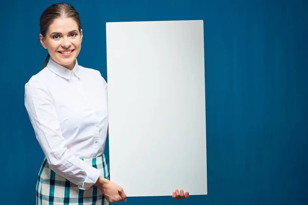 Smiling Woman Wearing White Shirt Holding Advertising Sign Board Blue — Stock Photo, Image