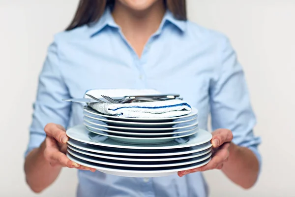 Smiling Woman Holding Stack Plates Catering Concept — Stock Photo, Image