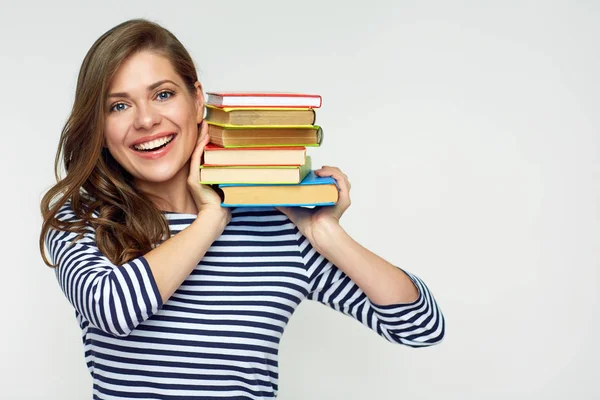 Smiling Woman Wearing Striped Shirt Holding Pile Books Examination Concept — Stock Photo, Image