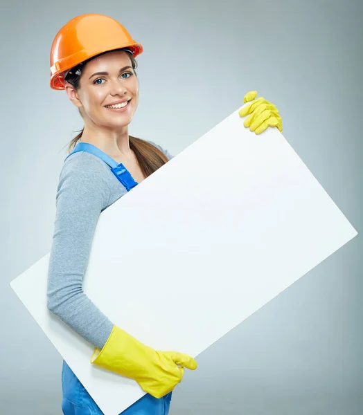 Smiling Woman Builder Wearing Orange Safety Helmet Holding Empty White — Stock Photo, Image