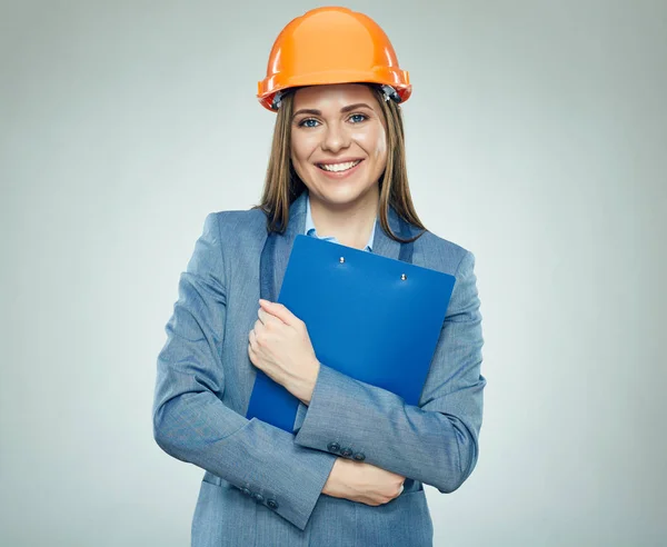 Femme Affaires Souriante Constructeur Portant Casque Sécurité Orange Tenant Presse — Photo