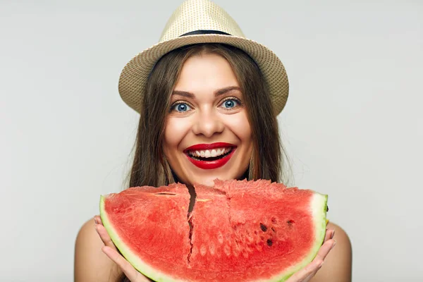 Портрет Усміхненої Жінки Тримає Кавун Концепція Вітамінної Літньої Дієти — стокове фото