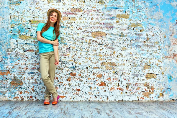 Attractive Woman Wearing Hat Posing Brick Wall Background — Stock Photo, Image