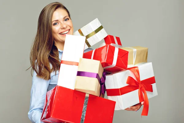 Happy Businesswoman Holding Heap Christmas Gift Boxes — Stock Photo, Image