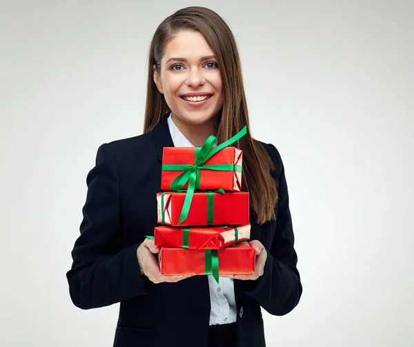 Mujer Sonriente Sosteniendo Pila Pequeñas Cajas Regalo —  Fotos de Stock