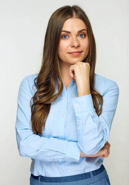 Retrato Empresaria Pensativa Traje Azul Aislado Sobre Fondo Blanco —  Fotos de Stock