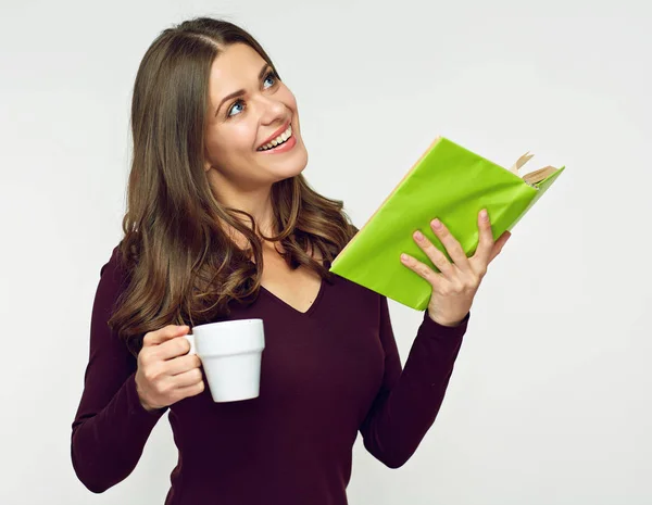 Student Vrouw Boek Lezen Het Drinken Van Koffie Onderzoek Concept — Stockfoto