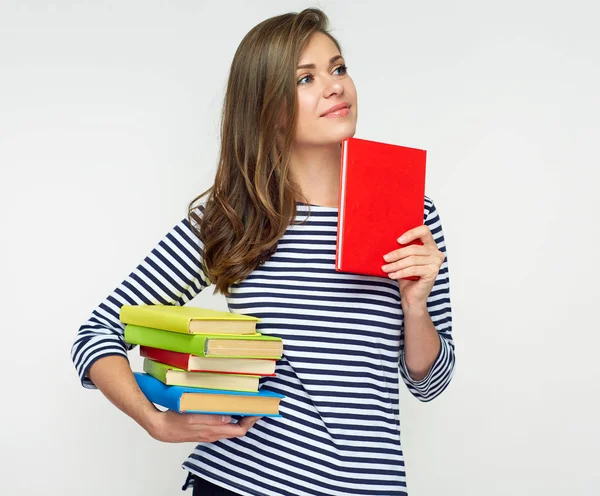 Smiling Woman Student Holding Pile Books Isolated White Background — Stock Photo, Image