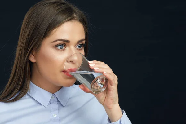 Woman White Shirt Drinking Water Glass Dark Background — Stock Photo, Image