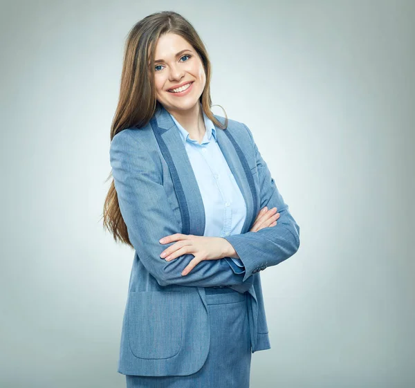 Portrait Successful Businesswoman Wearing Suit Posing Crossed Arms Light Background — Stock Photo, Image