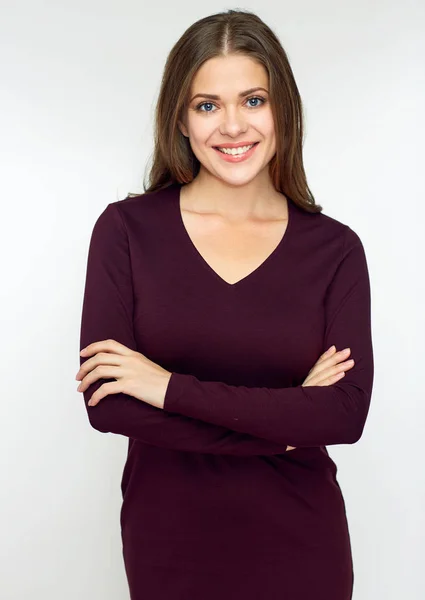 Smiling Woman Wearing Brown Dress Standing Crossed Arms Isolated White — Stock Photo, Image