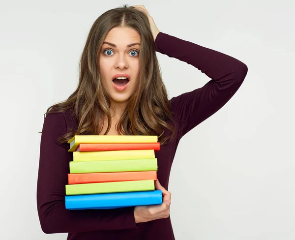 Estudante Mulher Segurando Pilha Livros Problemas Com Exames Conceito — Fotografia de Stock