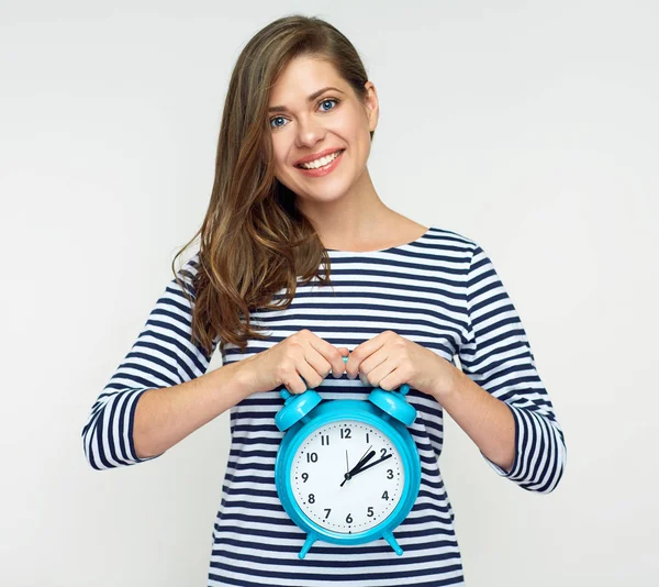 Smiling Woman Wearing Striped Shirt Holding Big Alarm Clock — Stock Photo, Image
