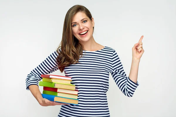 Smiling Student Woman Holding Pile Books Pointing Finger Copy Space — Stock Photo, Image