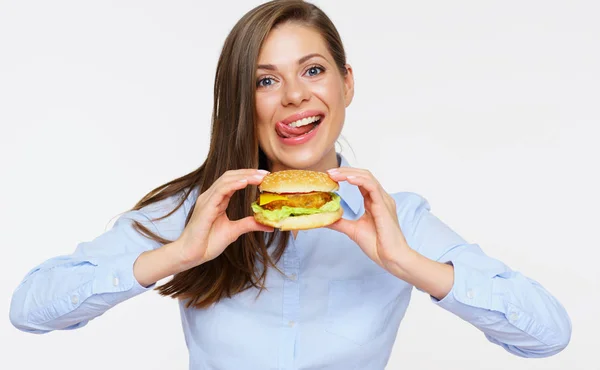 Vrouw Met Lang Haar Likken Van Lippen Het Bedrijf Hamburger — Stockfoto