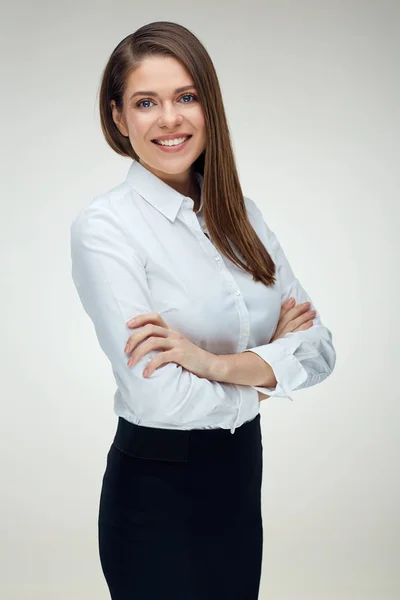 Mujer Negocios Sonriente Confianza Con Camisa Blanca Pie Con Los —  Fotos de Stock