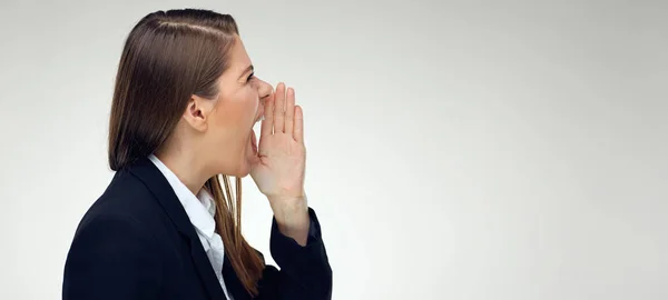 Woman Head Hunter Shouting Hand Mouth Job Finding Concept — Stock Photo, Image