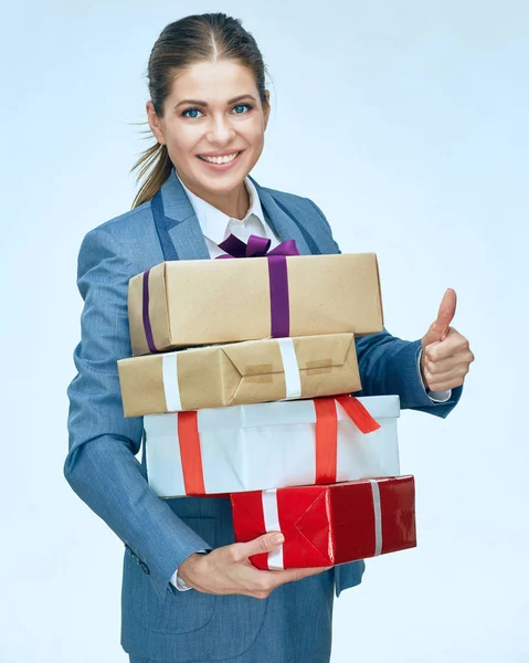 Portrait Happy Businesswoman Suit Holding Pile Gift Boxes Showing Thumb — Stock Photo, Image