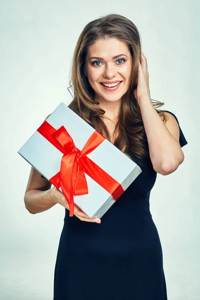 Smiling Woman Long Hair Black Evening Dress Holding Gift Box — Stock Photo, Image