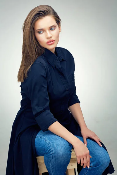 Beautiful Sensual Female Fashion Model Dressed Black Shirt Dress Sitting — Stock Photo, Image