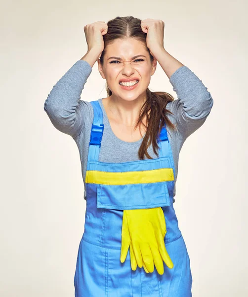 Shocked Woman Cleaner Worker Isolated White Background Close — Stock Photo, Image