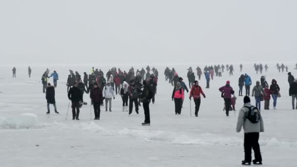 Veel mensen zijn schaatsen over het Balatonmeer in januari 2017, Hongarije — Stockvideo