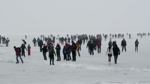 Muchas personas están patinando a través del lago Balaton en enero de 2017, Hungría — Vídeos de Stock