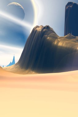 Uzay manzara. Gökyüzünde ay. 3D çizim 