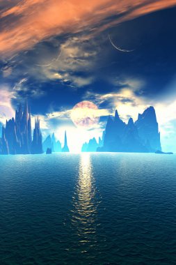 Fantezi uzaylı gezegeni. Dağ ve göl. 3B illüstrasyon