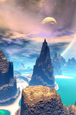 Fantezi uzaylı gezegeni. Dağ ve göl. 3B illüstrasyon