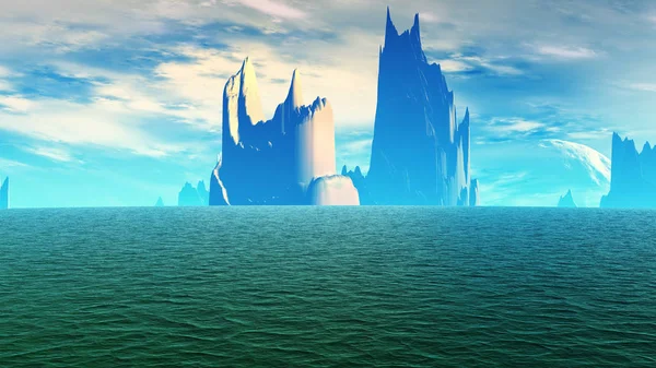 Fantasía planeta alienígena. Montaña y lago. Ilustración 3D — Foto de Stock