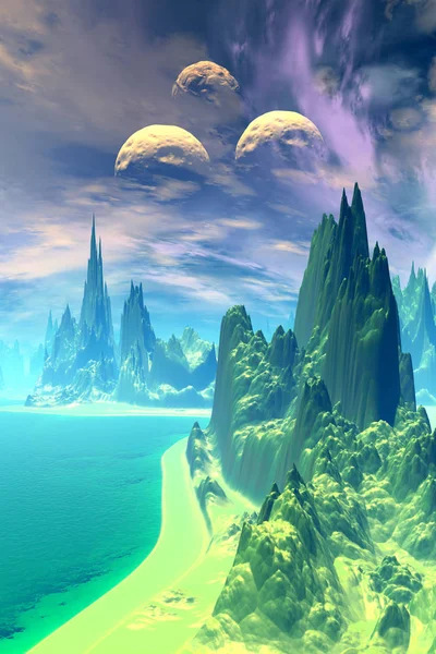 Fantasy buitenaardse planeet. Berg en meer. 3D illustratie — Stockfoto