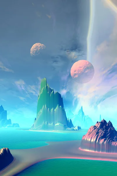 Planète extraterrestre fantastique. Montagne et lac. Illustration 3D — Photo