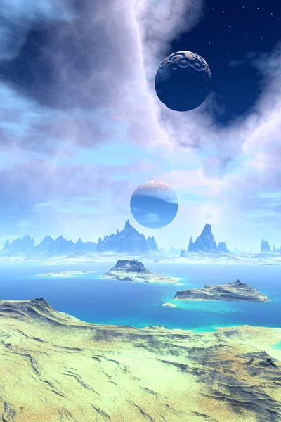Фантазия инопланетной планеты. Гора и озеро. 3D иллюстрация — стоковое фото