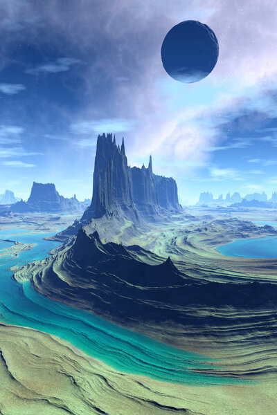 Mountain and lake. Landscape of stranger planet. 3D rendering
