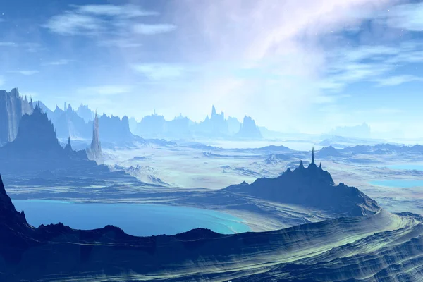 Εξωγήινος πλανήτης φαντασίας. Βουνό και λίμνη. 3D απεικόνιση — Φωτογραφία Αρχείου