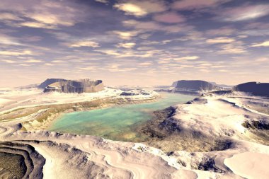 Fantezi uzaylı gezegeni. Dağ ve göl. 3B illüstrasyon