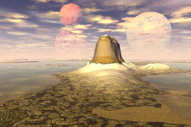 Fantezi uzaylı gezegeni. Dağ ve göl. 3B illüstrasyon