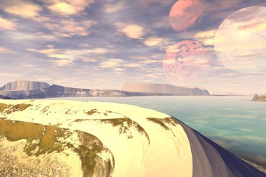 Fantezi uzaylı gezegeni. Dağ ve göl. 3B illüstrasyon