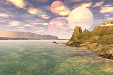 Fantezi uzaylı gezegeni. Dağ ve göl. 3B illüstrasyon