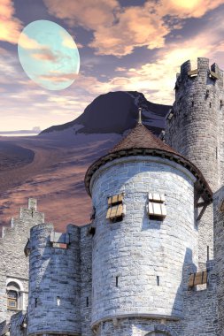 Fantezi uzaylı gezegenine. Ay. 3D render. Castle  