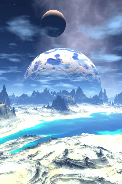 Obca planeta fantazji. Góra i jezioro. 3D ilustracja — Zdjęcie stockowe