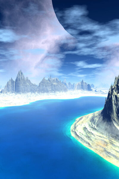 Mountain and lake. Landscape of stranger planet. 3D rendering