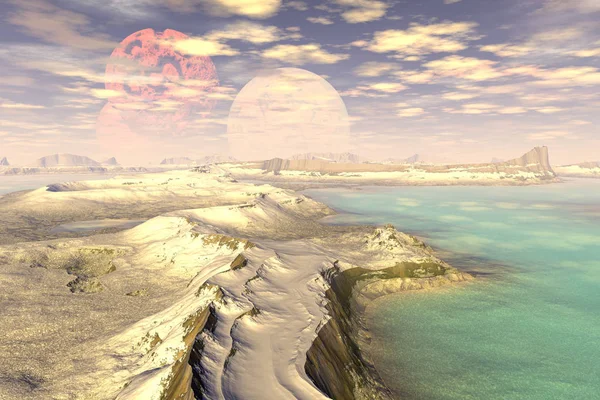 Fantezi uzaylı gezegeni. Dağ ve göl. 3B illüstrasyon